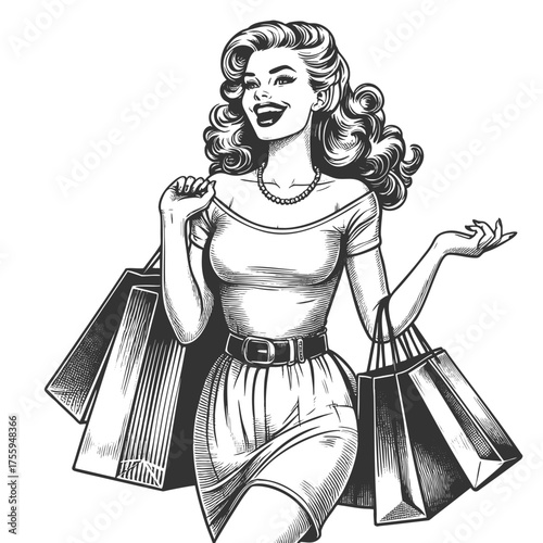 cheerful woman with long hair holding shopping bags and giving a thumbs up sketch engraving generative ai fictional character vector illustration. Scratch board imitation. Black and white image.