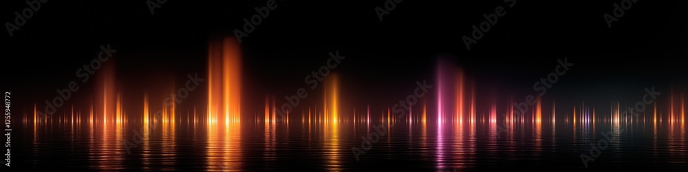 Naklejka premium Colorful light pillars reflecting on water surface at night