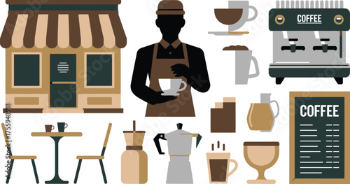 Coffee shop illustration featuring barista, equipment, menu, coffee cups, building, and seating arrangements