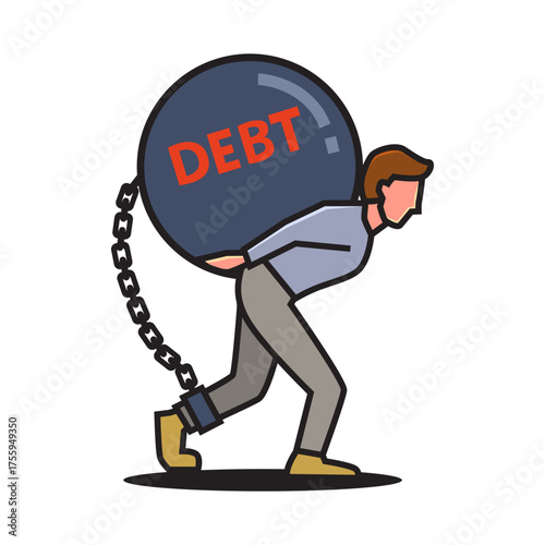 Man Carrying Giant Debt Ball. Ball and Chain Debt Concept. Cartoon, Vector, Illustration.