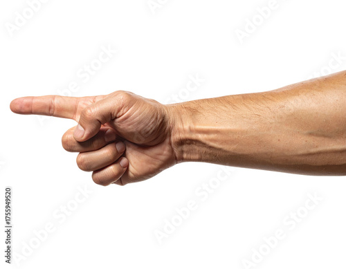 A close-up of an arm and hand with a single finger extended, against a black background