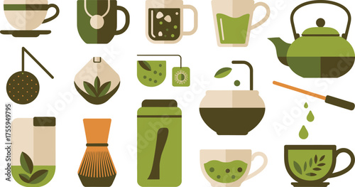 Diverse Tea Collection Teapot, Cups, Matcha Whisk, Tea Bags, and Loose Leaf in Muted Tones