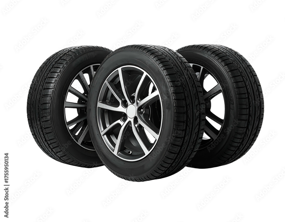 Obraz premium Three car tires with black treads and metallic rims on a solid black background
