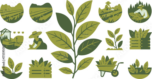 Green Farming Icons Silhouette Style Illustrations of Farmers, Crops, Plants, Wheelbarrow, and Farm Landscapes