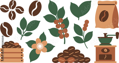 Illustrated Coffee Beans, Plant Leaves, Berries, Flower, Bag, Crate, and Mill on White Background