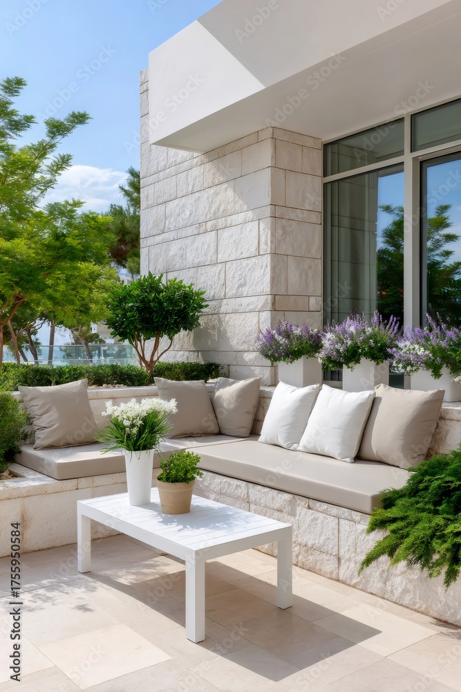 Fototapeta premium Modern outdoor patio with stone terrace and lounge furniture