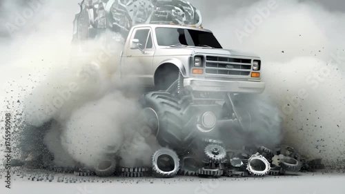 Silver Monster Truck Crushing Gears in Slow Motion with Dust and Debris
