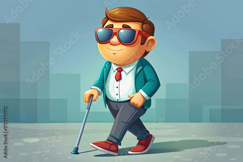 blind man walking confidently with white cane, sunglasses, and calm smile, representing awareness, strength, and independence