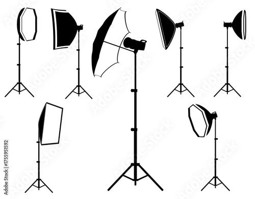 softbox with flash on tripod for a photo studio black silhouette cartoon stock vector illustration isolated on white background