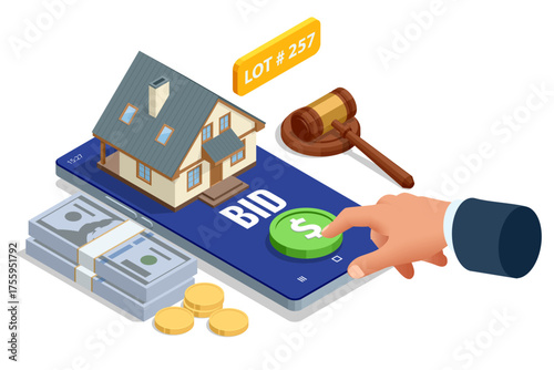 Isometric smartphone with house, money, and bid button. Concept of online real estate auction or digital property sale via mobile app.