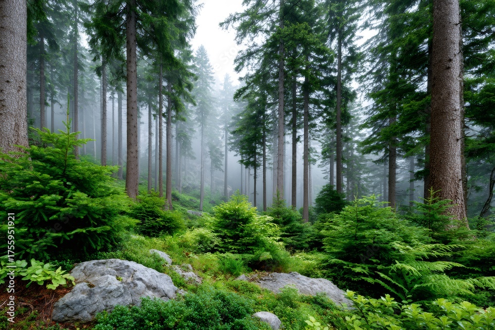 Obraz premium Pine forest scene with fog rolling through trees
