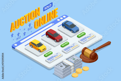 Isometric online car auction website interface with bids, cars, money, and gavel. Automotive digital marketplace and vehicle trading concept.