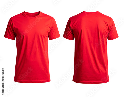 Front and back views of a plain, bright red short-sleeved t-shirt against a black background