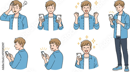 Diverse emotional expressions of a young man using a smartphone, including feelings of joy, excitement, frustration, and engagement, captured in a set of vector illustrations for digital content