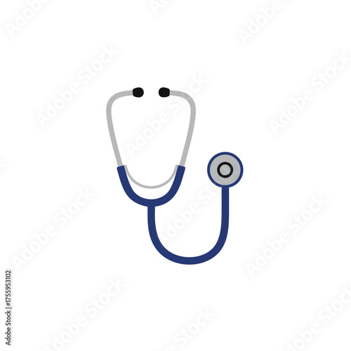 Minimal vector illustration of a medical stethoscope with blue tubing and metal chest piece, clean healthcare symbol, isolated on pure white background.
