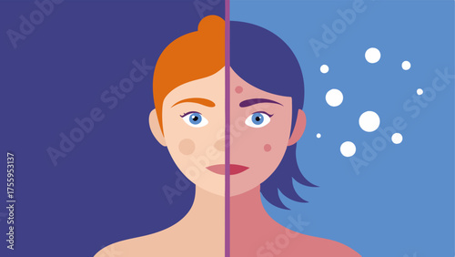 Before and After A split image showing skin before treatment looking dull and aged and after treatment looking vibrant and youthful with glowing nanoparticles depicted around.