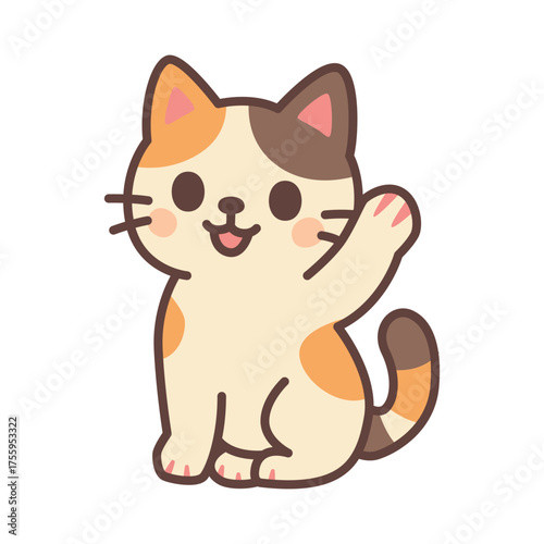 Cute Calico Cat Waving Hand Illustration in Kawaii Flat Cartoon Style
