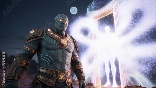 Stone Guardian and Ethereal Figure Emerging from Portal Under Moonlight