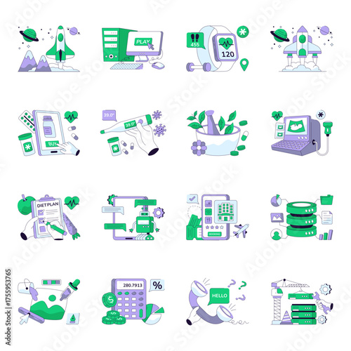 Set of Cryptocurrency and Development Flat Line Illustrations
