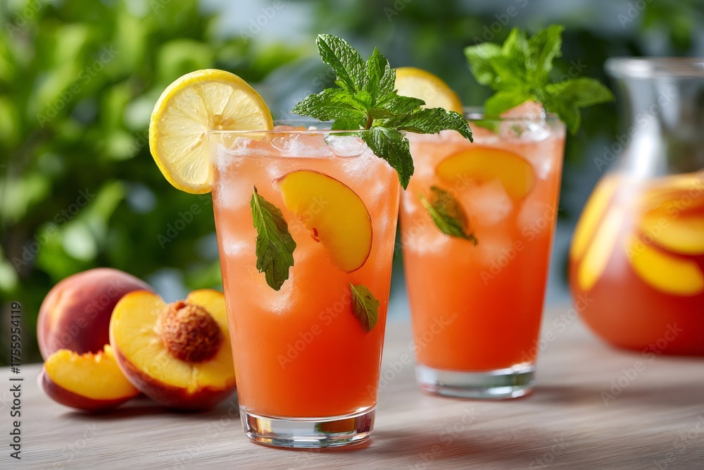 Fototapeta premium Peach iced tea cocktails refreshing summer drinks
