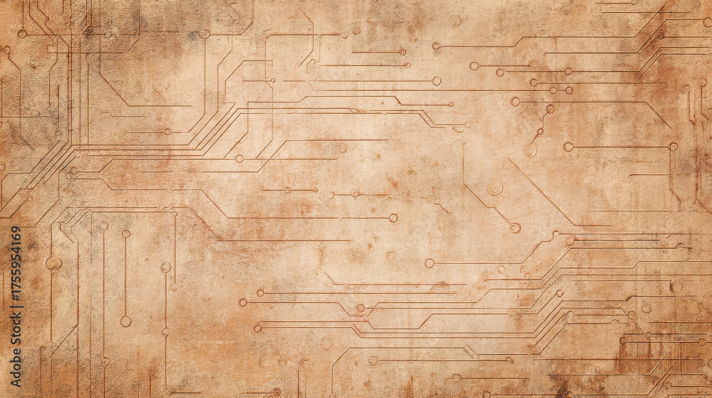 Fototapeta premium Vintage circuit board texture background about technology and engineering projects for website banners, technical documentation or repair service branding and electronics course materials