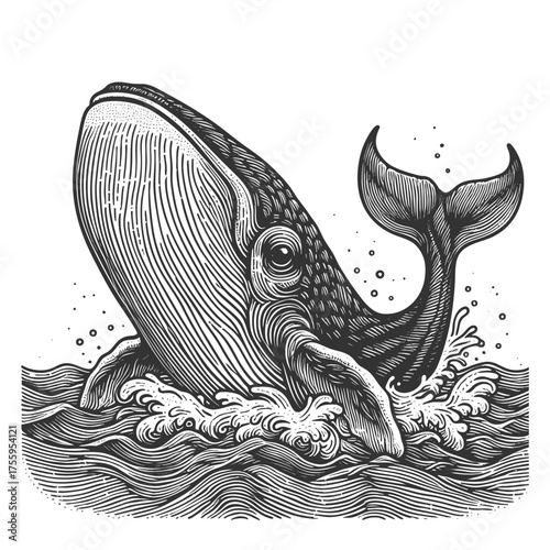 whale breaching the sea, surrounded by splashing waves and flying seabirds in retro style sketch engraving generative ai vector illustration. Scratch board imitation. Black and white image.