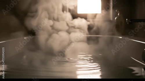 Steaming Hot Water in a Bathtub with Sunlight Streaming Through a Window.