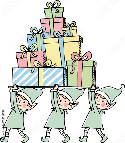 Elves carrying a tower of Christmas presents for holiday celebrations.