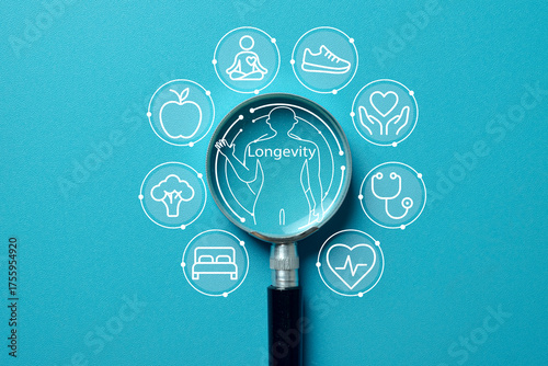 Longevity and holistic wellness concept. A magnifying glass focuses on the human body, surrounded by icons for a healthy lifestyle, including a balanced diet, exercise, sleep, and mental health.