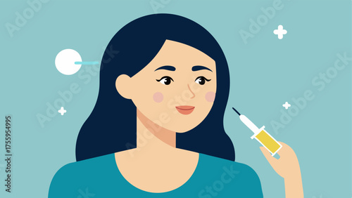 Application of Exosome Serum An illustration of a woman applying an exosome serum with a dropper to her cheek with small arrows indicating the serums absorption into the skin.