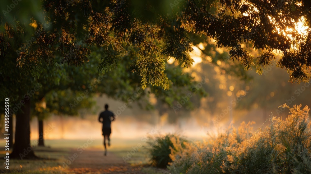 Fototapeta premium Serene Morning Jog: Man Slowly Jogging in Park at Sunrise, Embracing Calmness and Focus on Breathing in Golden Light and Mist
