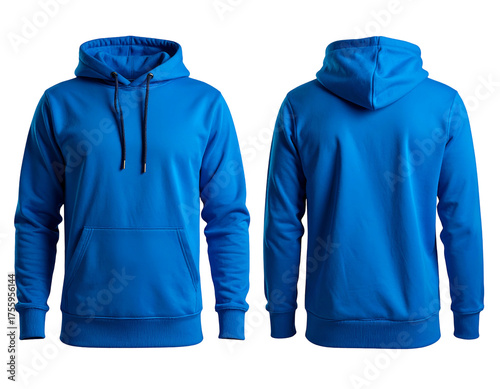 Front and back views of a vibrant blue hoodie with a kangaroo pocket and drawstring hood