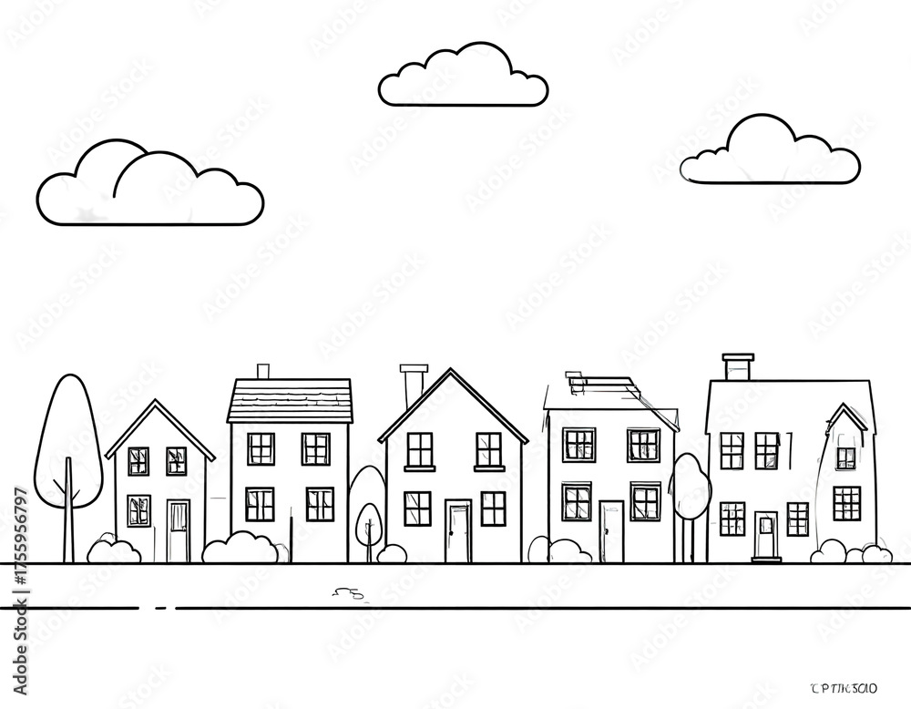 Fototapeta premium Monochrome cityscape of houses under a cloudy sky with a few trees and some shrubbery