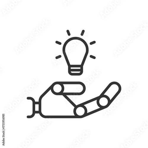 robot hand holding light bulb clip art icon symbol, innovation ai concept, deep learning, isolated line vector illustration