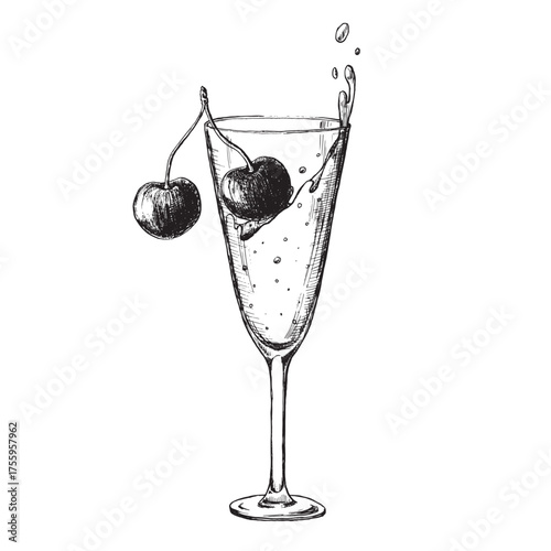 A stylish vector champagne glass with a black and white cherries in an engraved style. An element for festive design and decor for birthdays, weddings, and anniversaries.