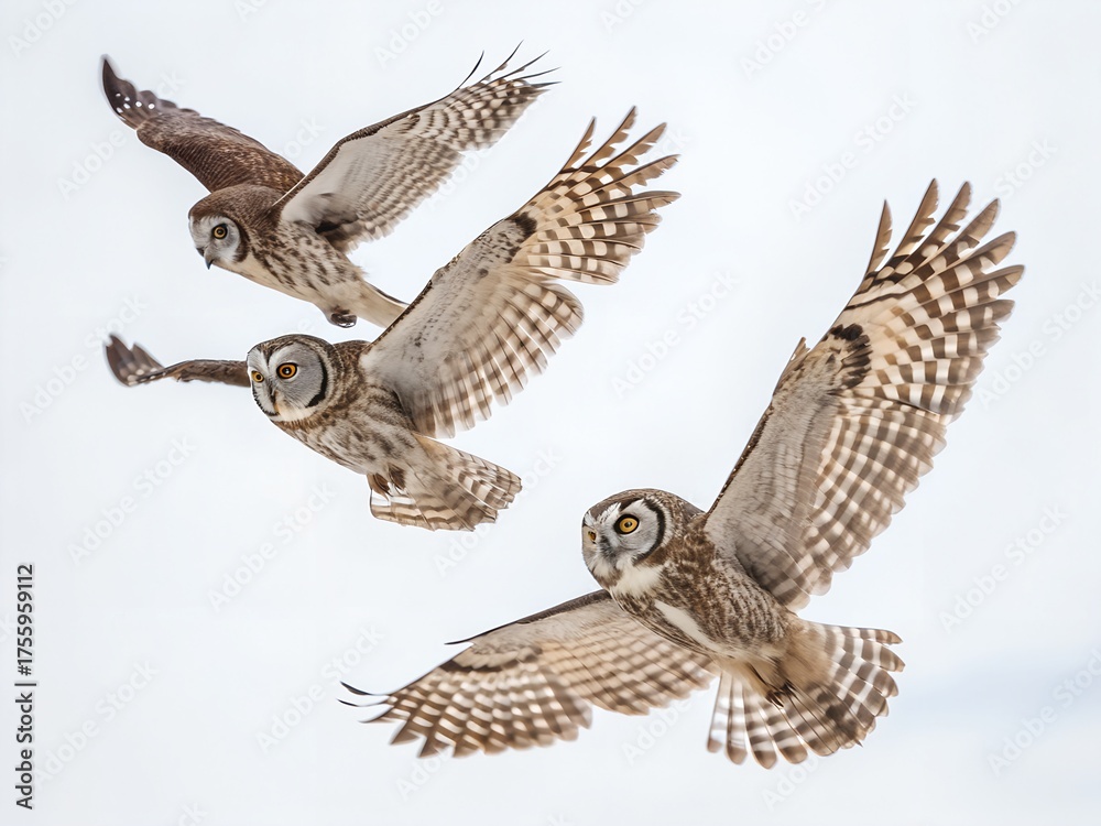 Fototapeta premium Flock of Boreal Owls Flying Isolated on White