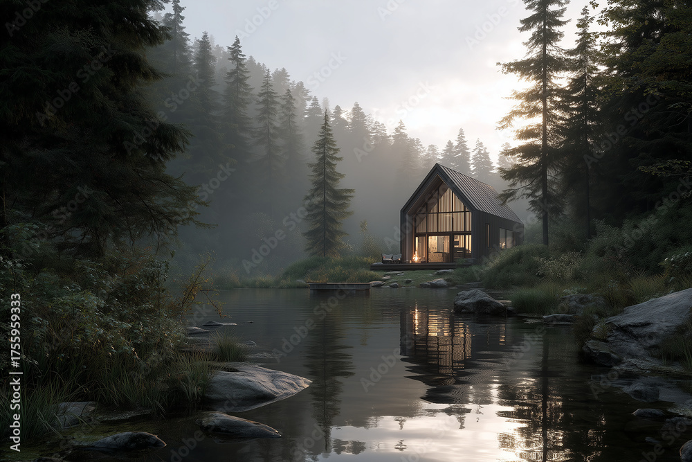 Obraz premium Nietypowy nowoczesny dom nad jeziorem – awangardowa architektura, futurystyczne formy i minimalistyczny design harmonijnie wpisane w nadwodny krajobraz