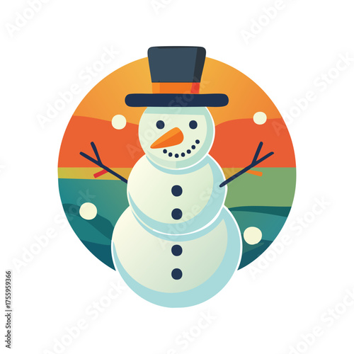 Cheerful Snowman with Top Hat in Retro Striped Circle for Christmas Card