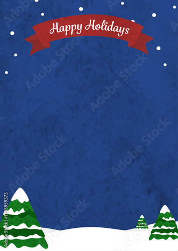 水彩の雪景色のクリスマス背景フレームイラスト（夜・ハッピーホリデー・縦）