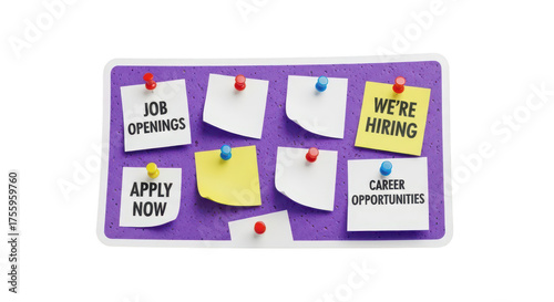 Job opportunity notes on purple bulletin board with pushpins isolated on transparent background
