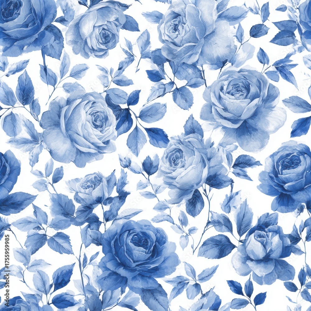 Obraz premium Seamless pattern with blue watercolor roses and leaves on white background