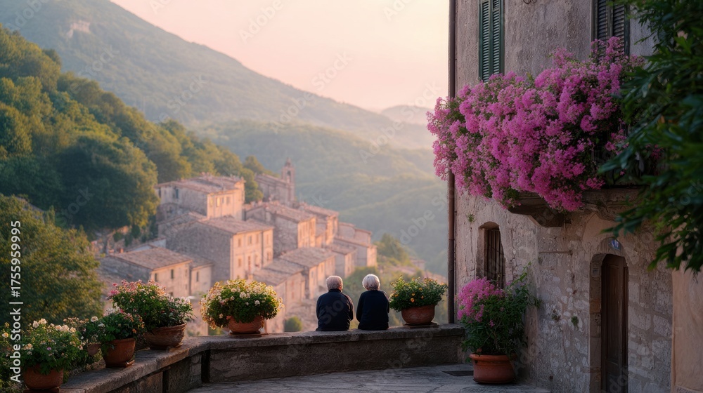 Fototapeta premium Elderly couple sitting together overlooking scenic mountain village at sunset
