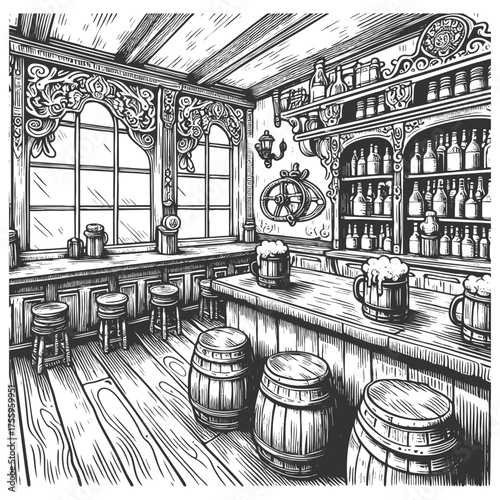 old tavern interior featuring wooden barrels, bottles, rustic tables, lanterns, and decorative windows sketch engraving generative ai vector illustration. Scratch board imitation. Black and white.