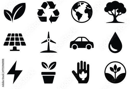 Dynamic eco friendly icons represent sustainability, clean energy, and planet care essentials