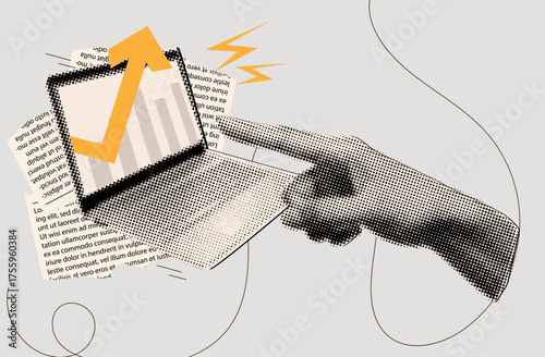 Halftone hand pointing with finger on laptop rising arrow chart on screen,Business growth concept,dotted pop art, contemporary vector illustration