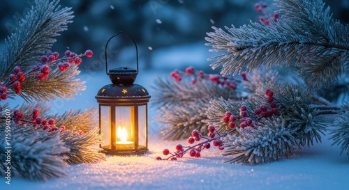 Illuminated lantern in snow with frosty pine branches and red berries. Winter holiday season and Christmas celebration concept for greeting card.
