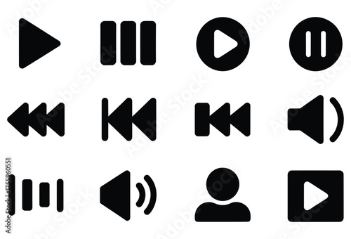 Modern collection of essential media playback and user interface icons for digital applications