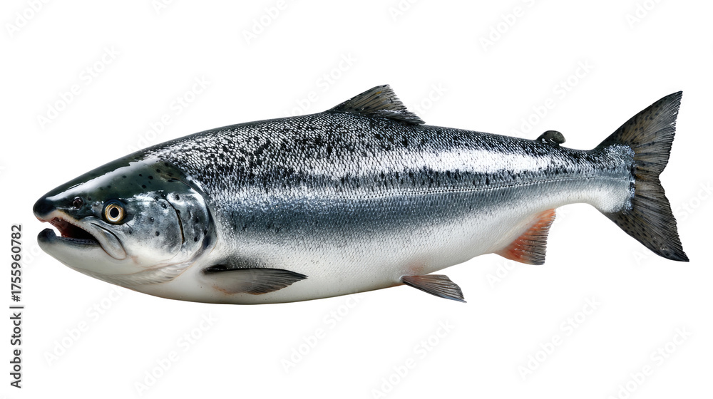 Naklejka premium Ocean's Bounty: A vibrant, detailed portrait of a magnificent salmon, showcasing the fish's sleek silver scales, poised as if ready to swim, embodies the raw beauty of the underwater world.