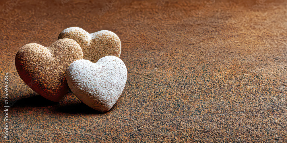 Obraz premium Group of Three Textured Pastel Hearts on a Warm Brown Textured Background