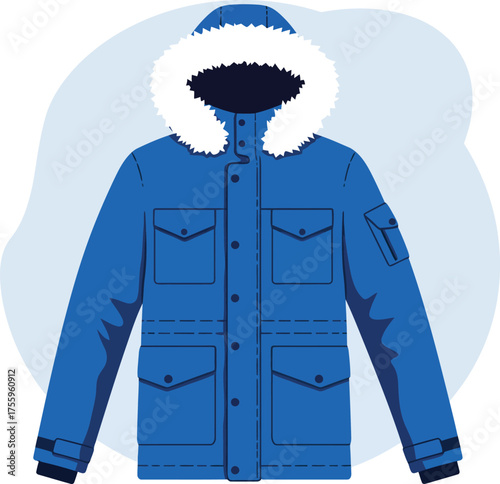 Blue winter parka jacket with white fur hood for cold weather outdoor activities isolated on transparent background